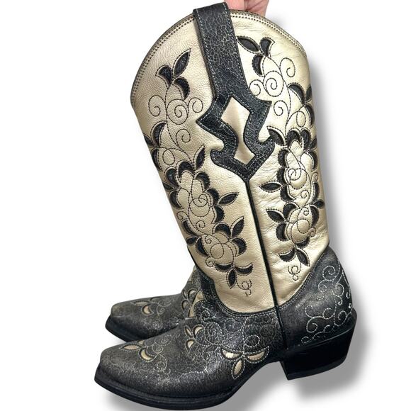 J.B. Dillon Calf Pointed Toe Black Gold Cowhide Leather Western Cowboy Boots 7.5 - Picture 5 of 10